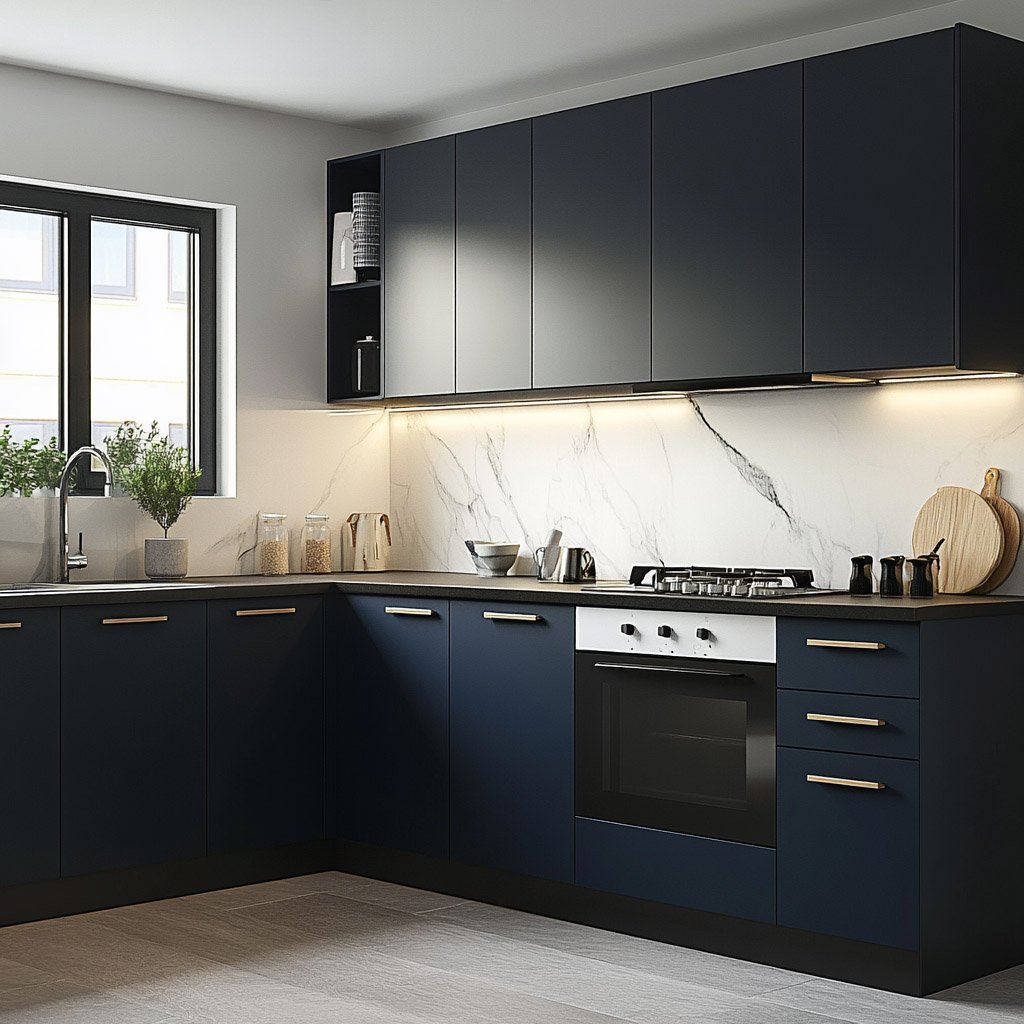 Modern Navy Blue L-Shaped Kitchen Design with Granite Top and LED Lighting