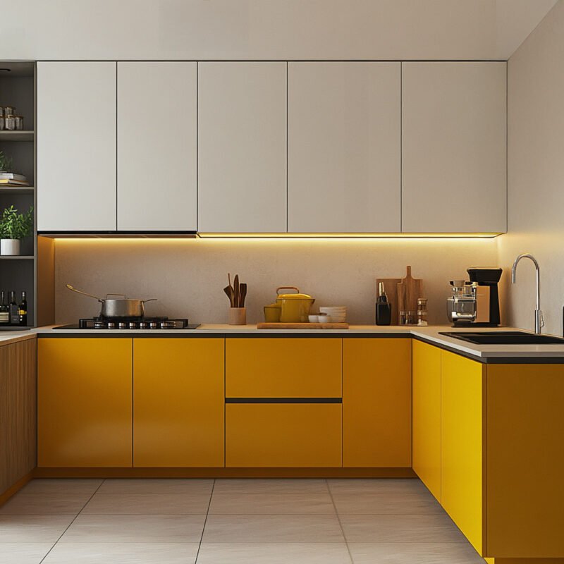 Marigold U-Shaped Modern Kitchen Design with White Contrast and Warm Lighting