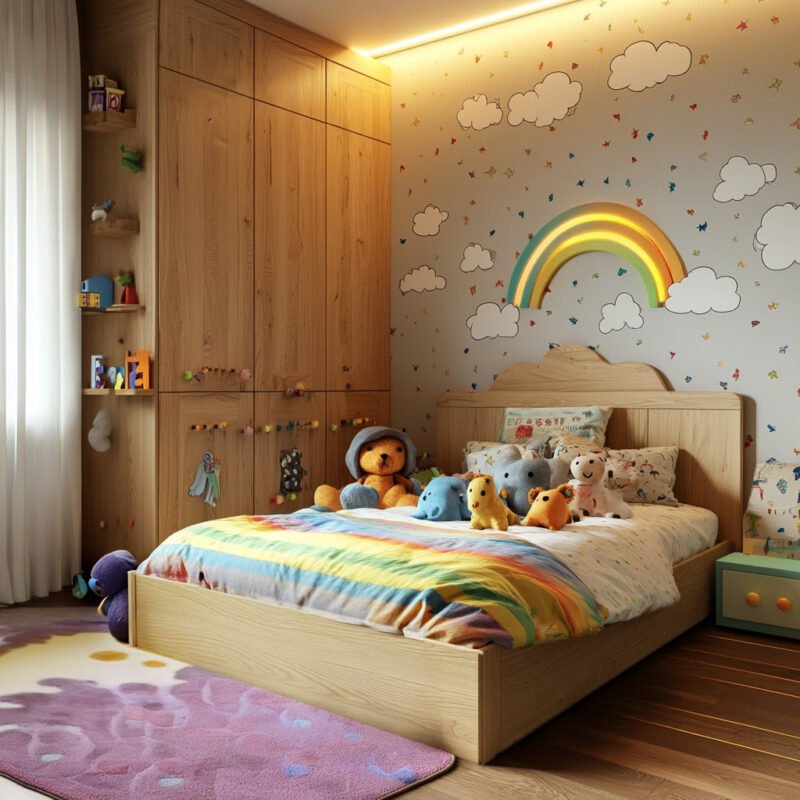 Playful Modern Kids Bedroom Design with Rainbow and Cloud Wallpaper