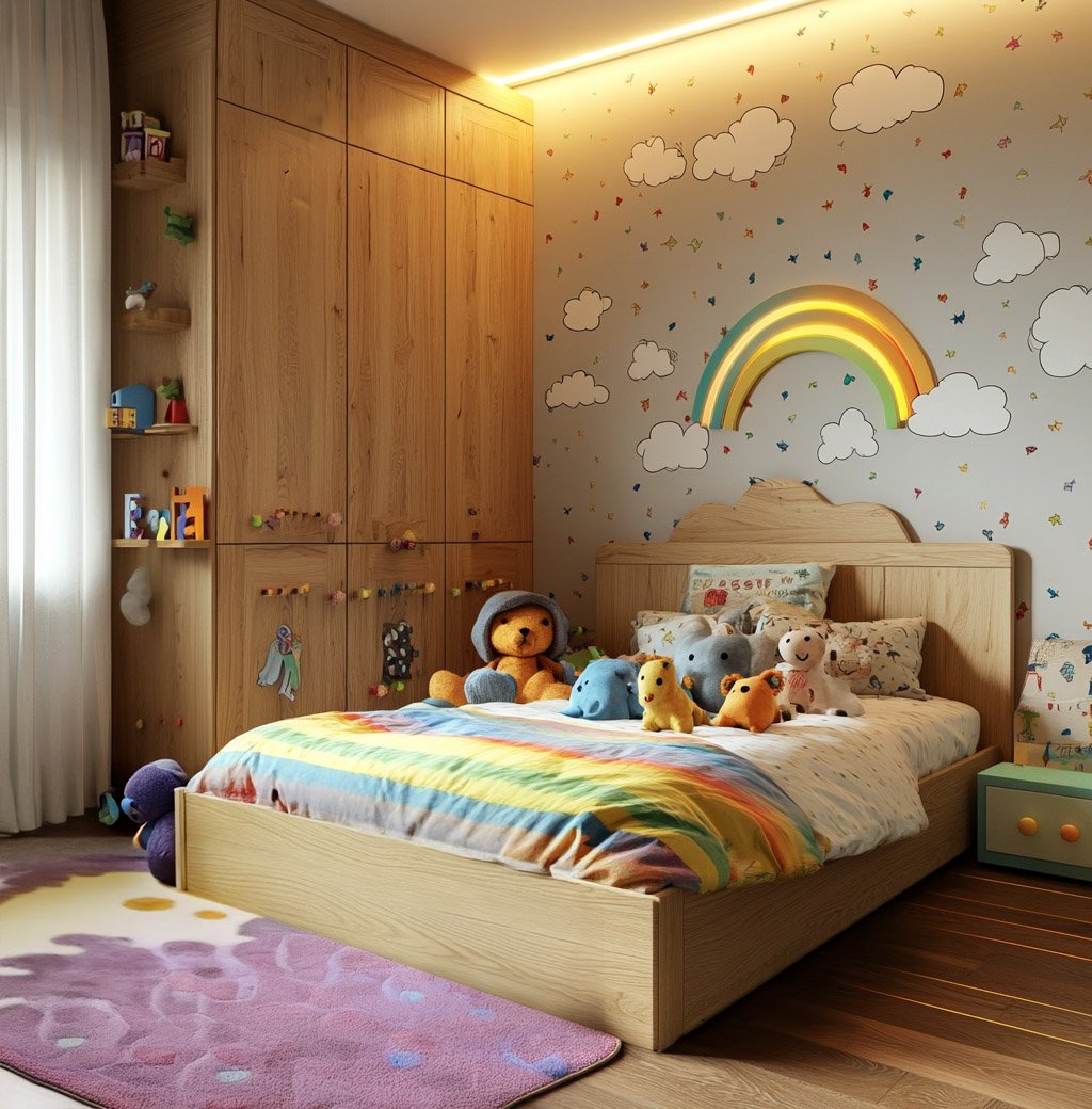 Textured Modern Wallpaper Design with Clouds and Rainbows on Beige Base
