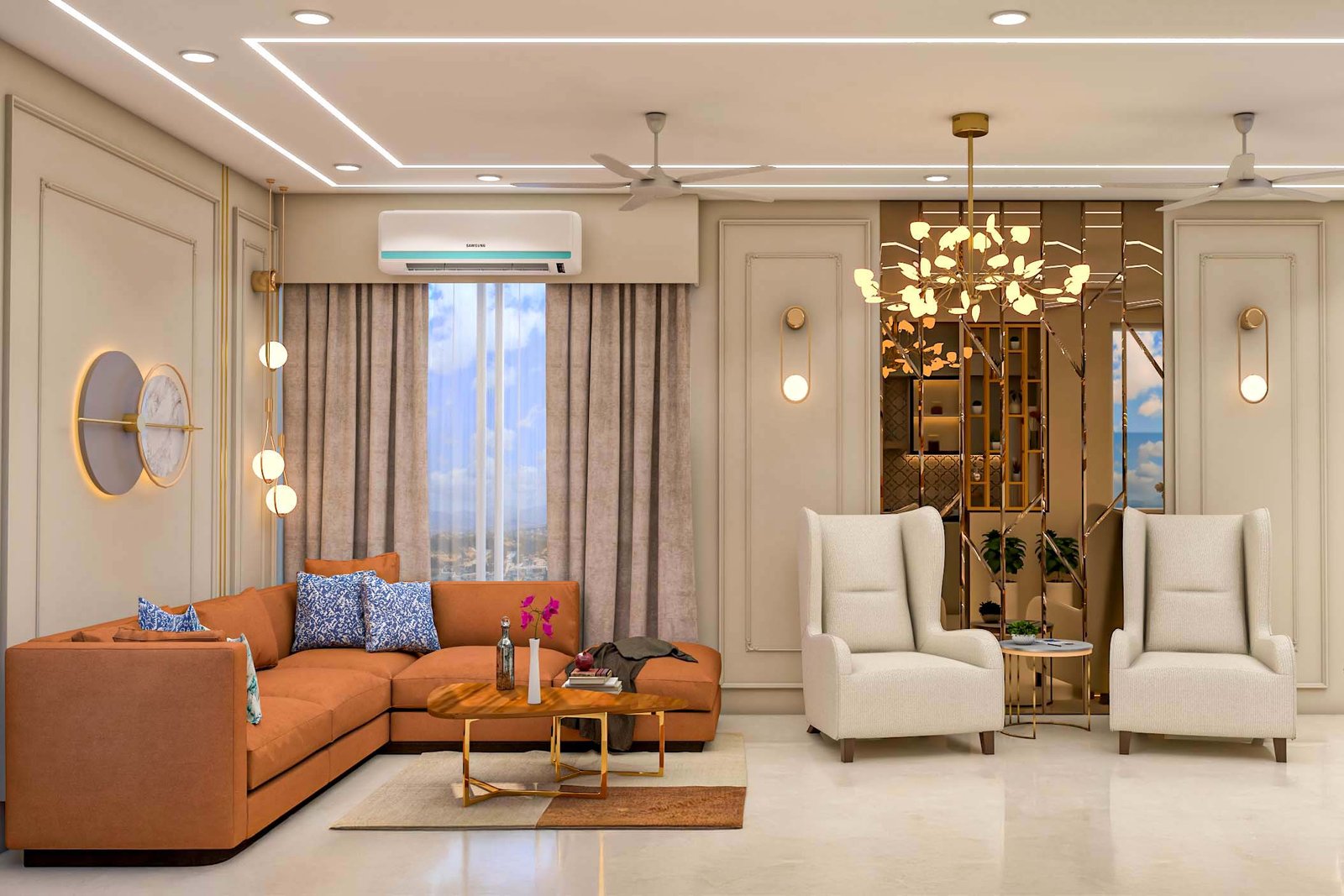 Modern Beige Wall Design With Mirror and Gold Moulding