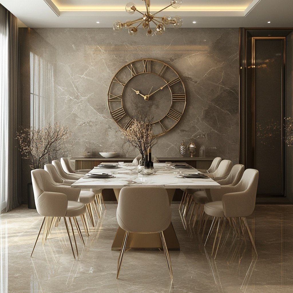Modern Dining Room Design With Plush Beige Seating and Marble Table