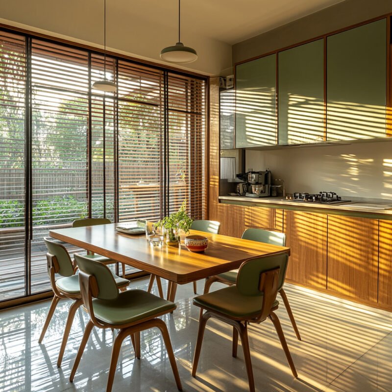 Mid-century Modern Dining Room Design With Green Chairs