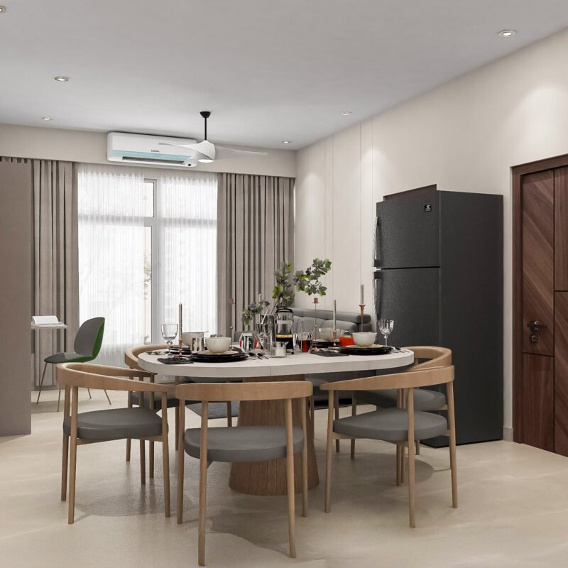 Modern Dining Room Design With Oval Table and Grey Chairs