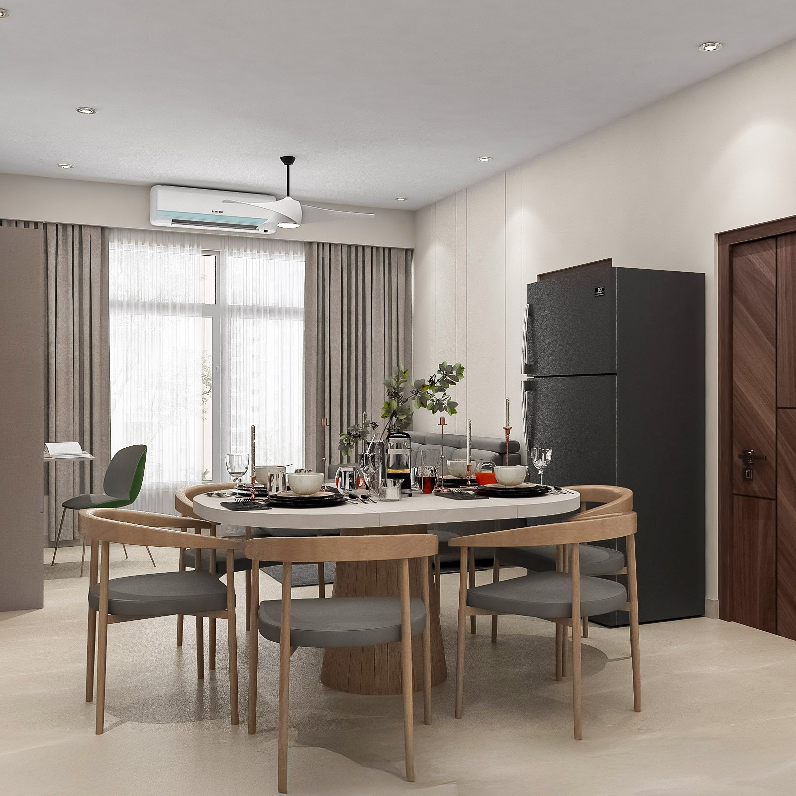 Modern Dining Room Design With Oval Table and Grey Chairs