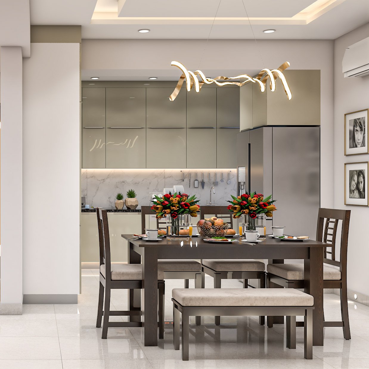 Minimal Dining Room Design With Dark Wood Table and Bench