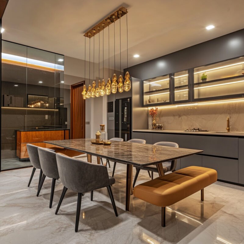 Modern Dining Room Design With Granite Table and Mustard Seating
