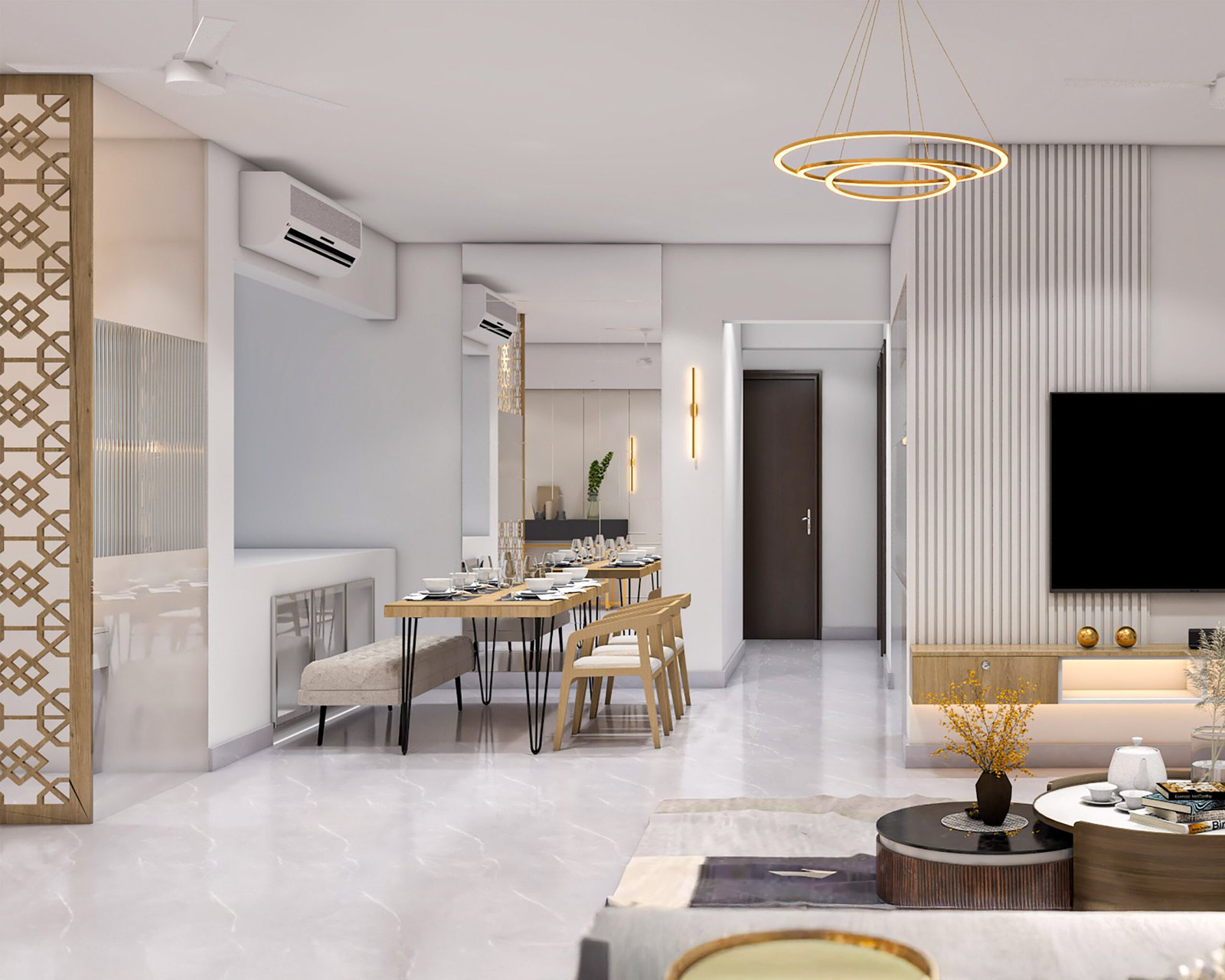 Modern Dining Room Design With Hairpin Legs and Bench Seating