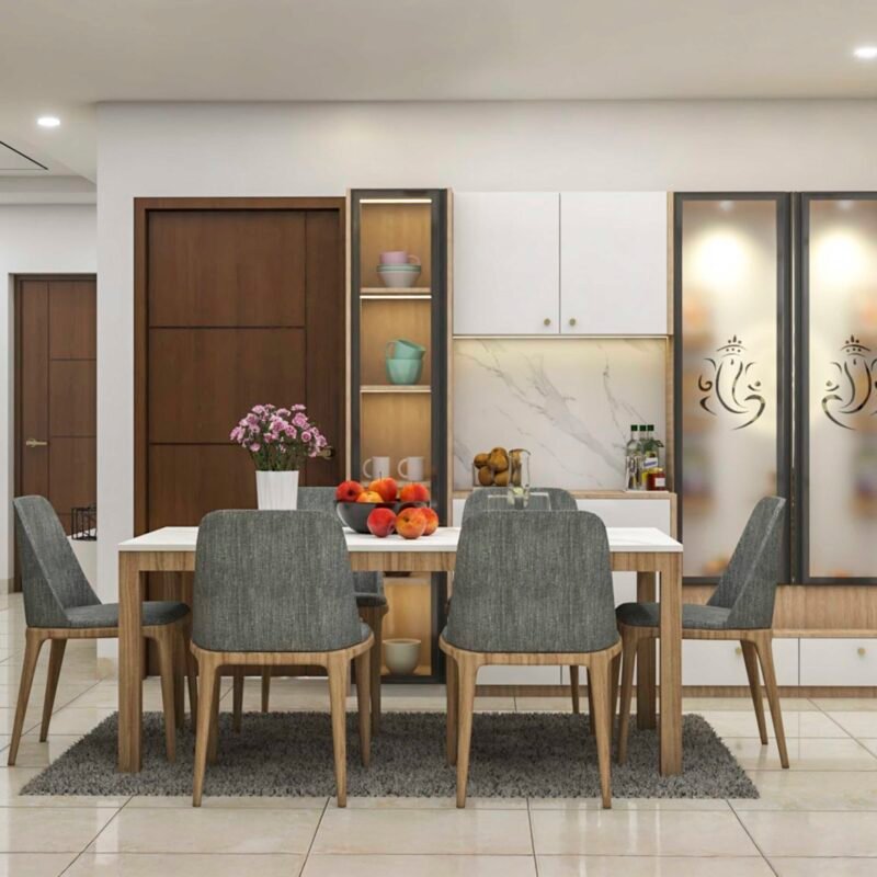 Contemporary Dining Room Design With Frosted Glass Cabinets
