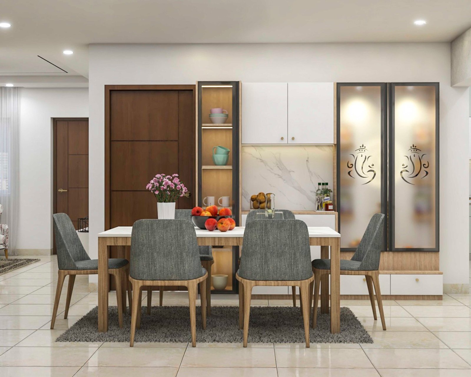 Contemporary Dining Room Design With Frosted Glass Cabinets