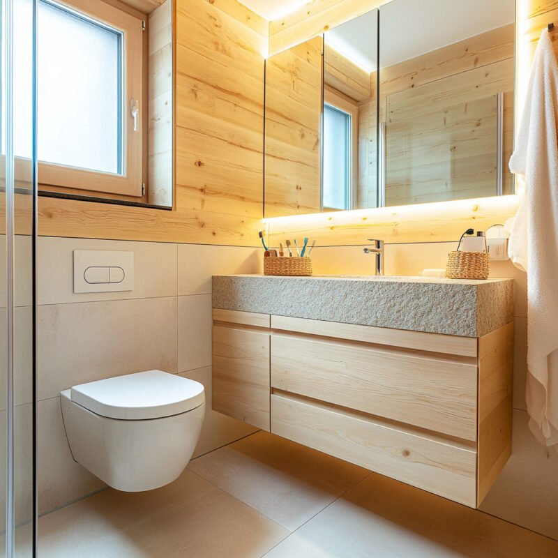 Contemporary Bathroom Design with Wooden Tiles and Stone Countertop
