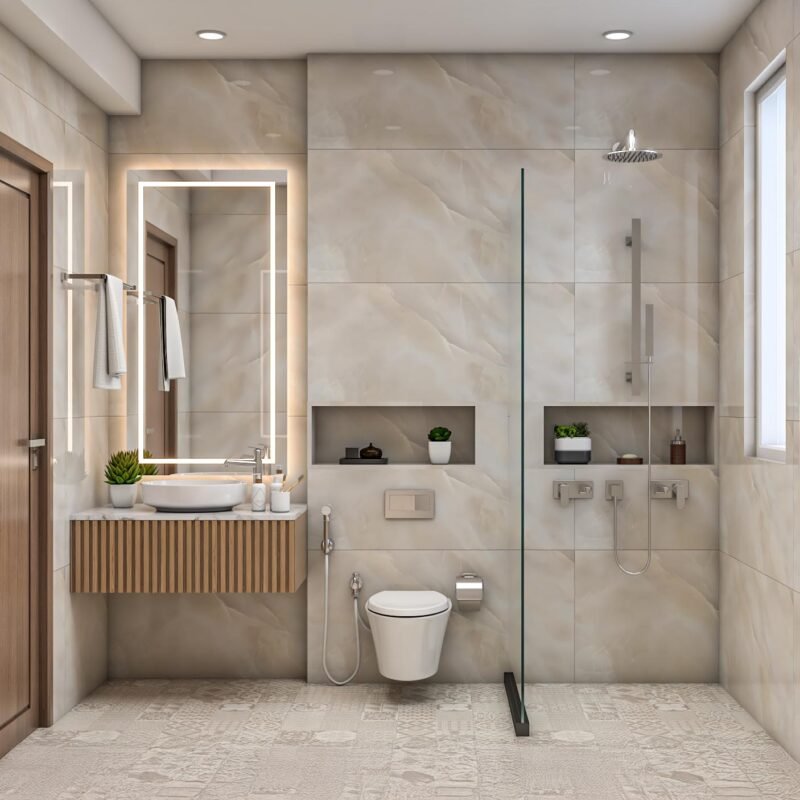 Contemporary Beige Bathroom Design With Floating Vanity and Open Shelves