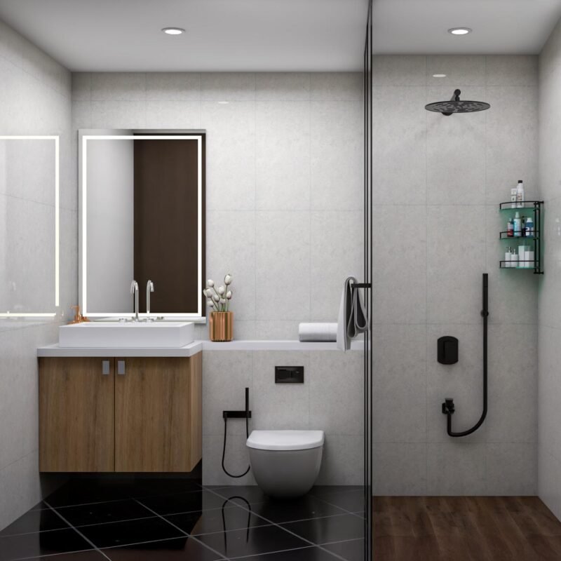 Minimal Bathroom Design With Black Fixtures and Wooden Vanity