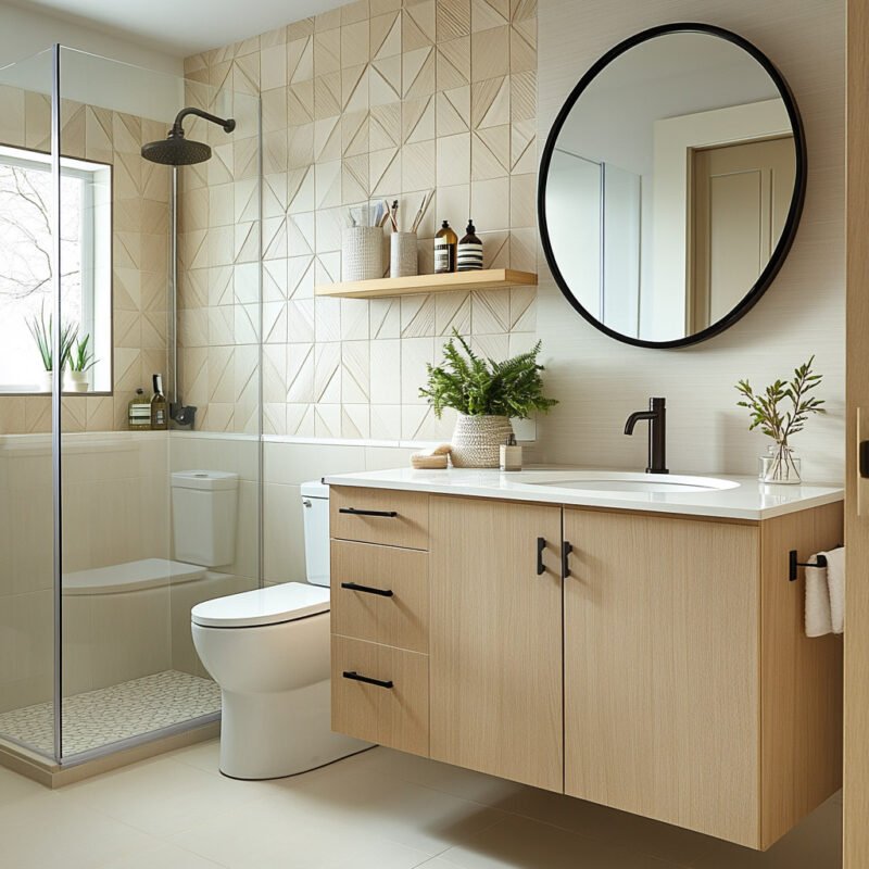 Contemporary Bathroom Design with Geometric Wall Tiles and Round Mirror
