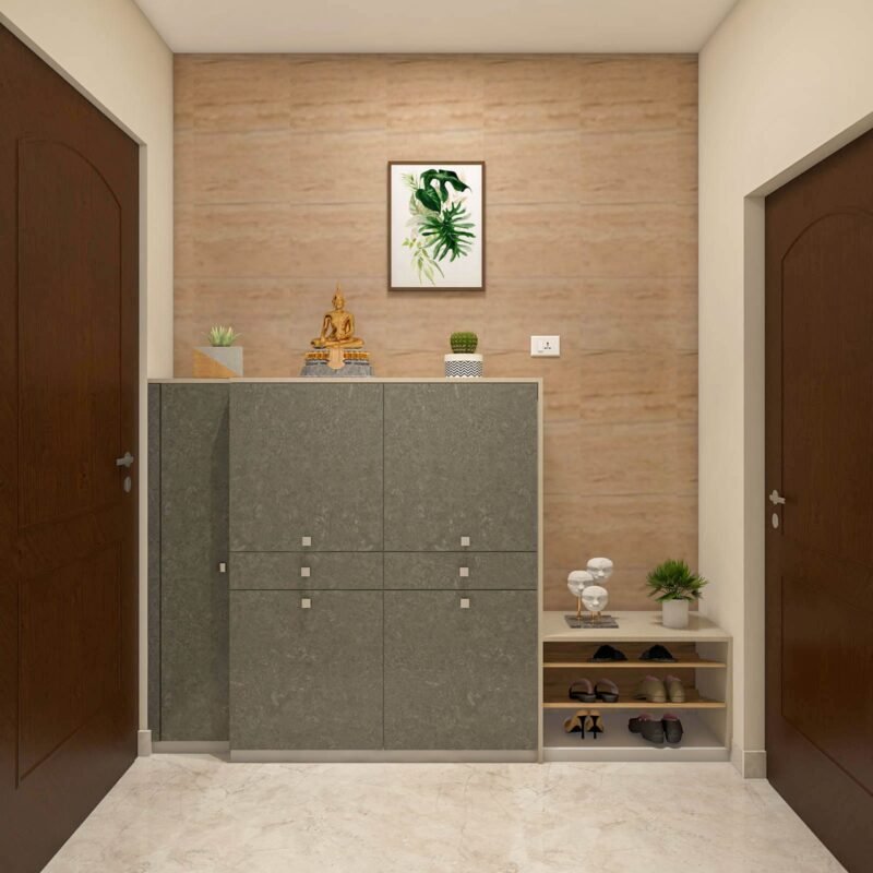 Contemporary Foyer Design With Irish Brown Marble and Full-Height Cabinet Storage