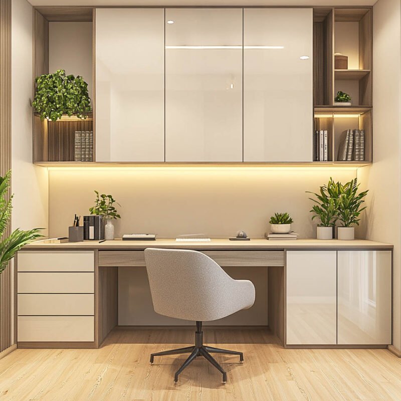 White Needle Contemporary Home Office Design With Mirrored Storage