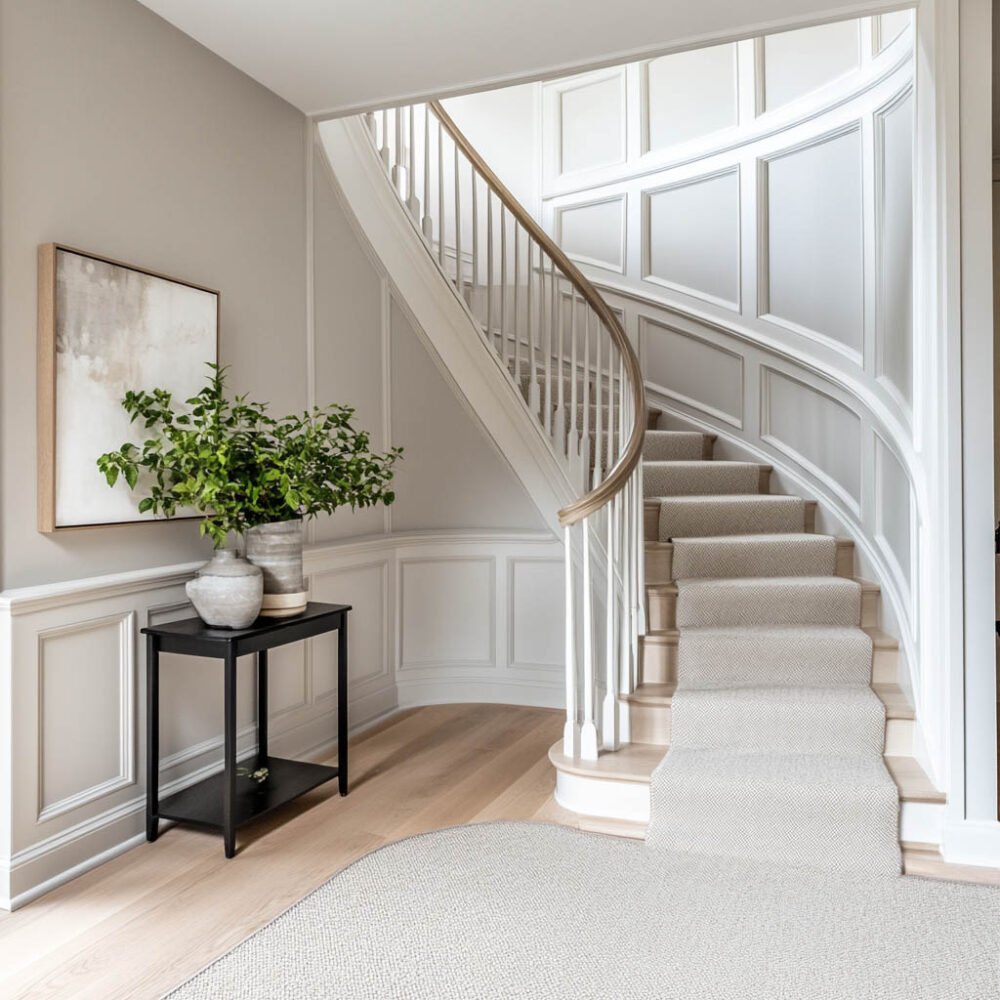 Classic Curved Staircase Design With Light Hardwood and White Details