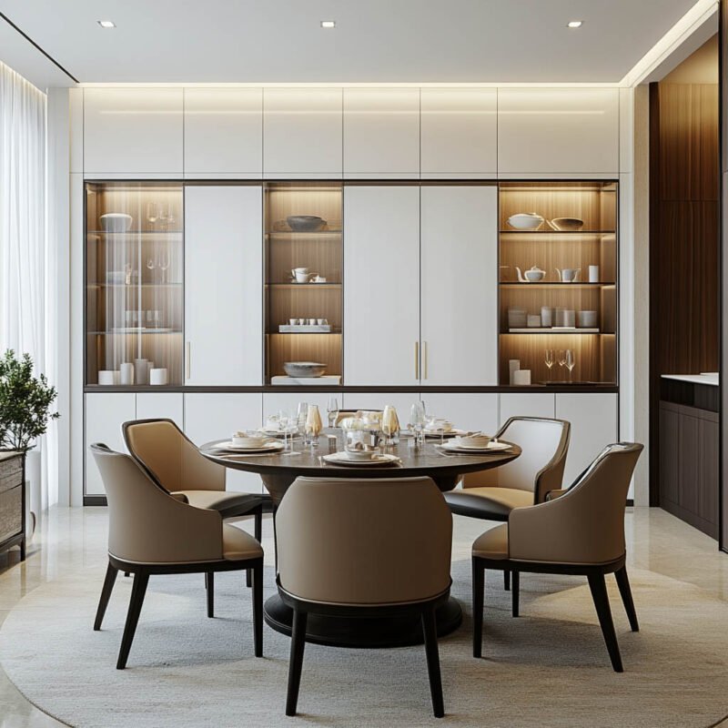 Contemporary Crockery Unit Design in Off-White With Glass Cabinets