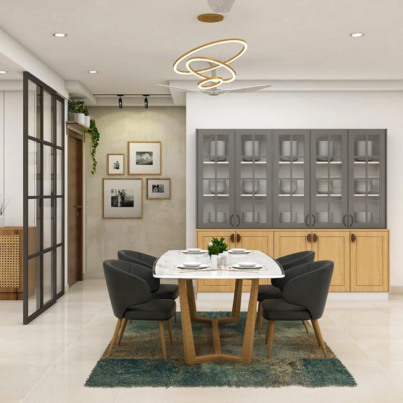 Contemporary Crockery Unit Design Featuring Grey and Light Wood Accents