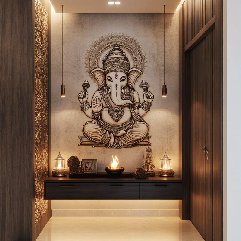 Modern Wall-Mounted Pooja Unit Design with Ganesha Mural