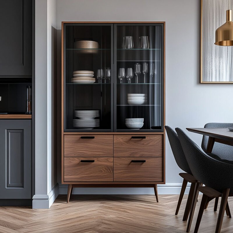 Modern Crockery Unit Design With Drawers and Glass Shelving