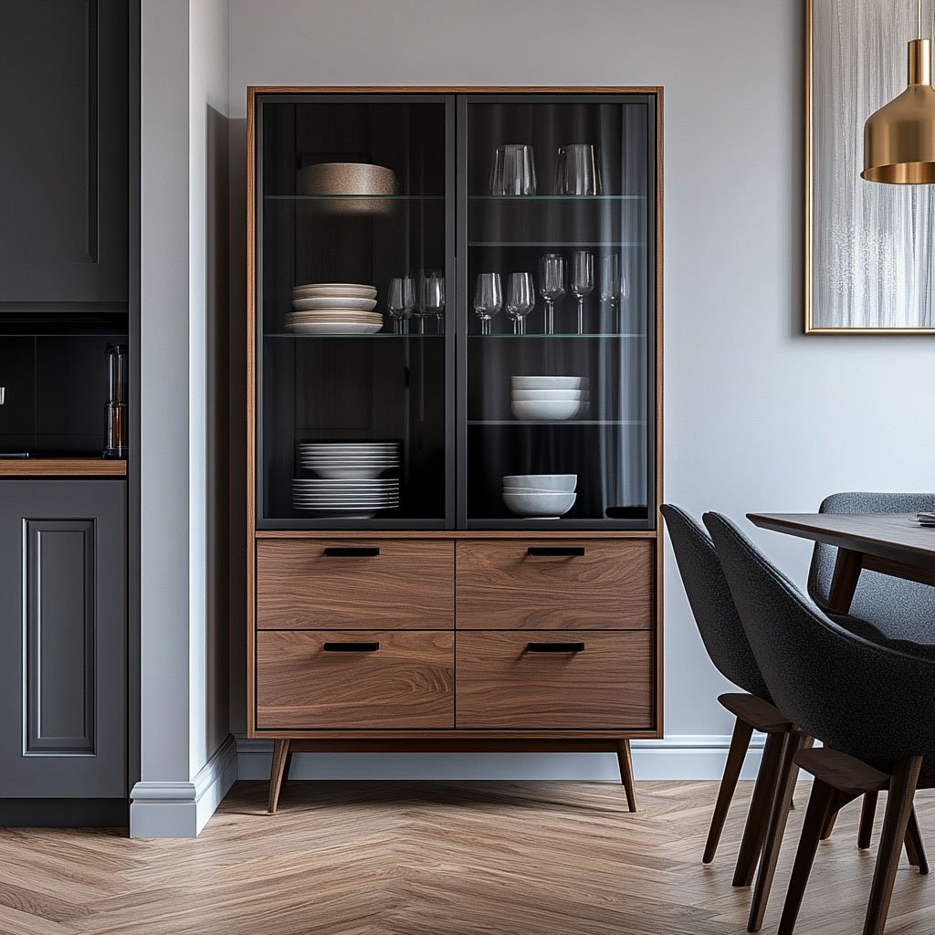 Modern Crockery Unit Design With Drawers and Glass Shelving