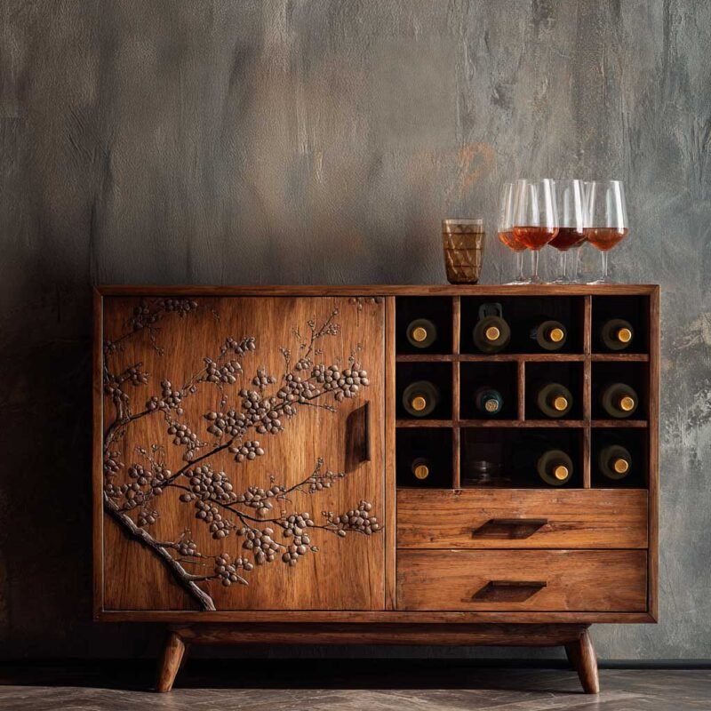 Modern Home Bar Design With Open Wooden Storage and Suede Finish