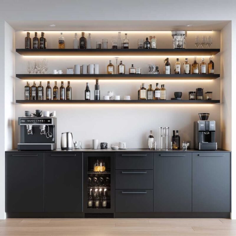 Grey Home Bar Design With White Wall Contrast and Shelves