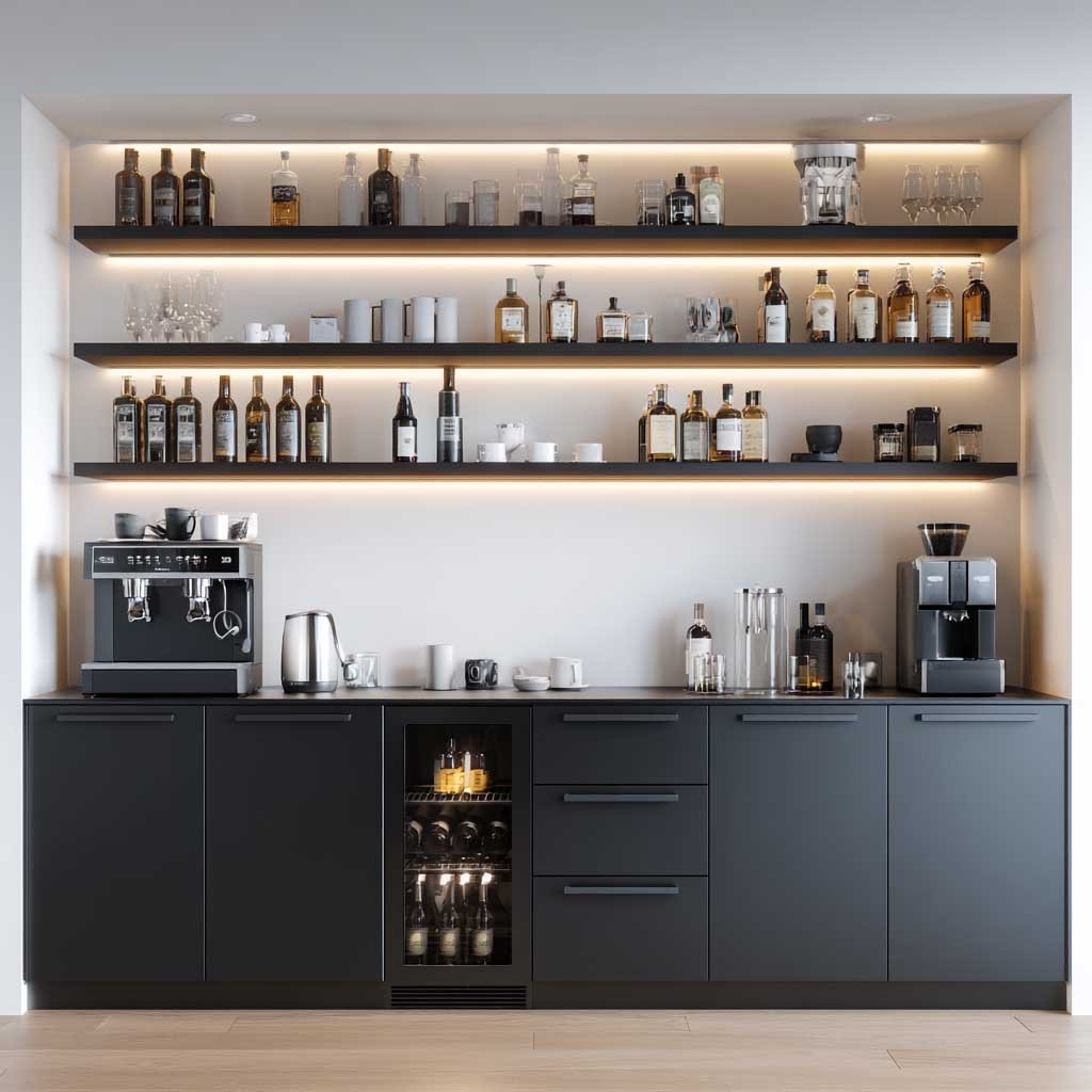 Grey Home Bar Design With White Wall Contrast and Shelves