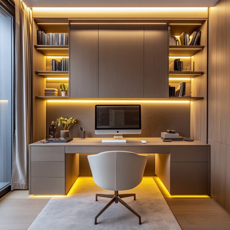 Modern Home Office Design with Ergonomic Desk and LED Lighting
