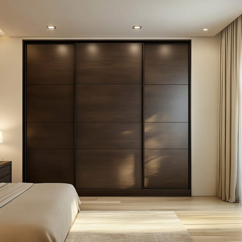 Space-Saving Contemporary 3-Door Sliding Wardrobe Design in Canadian Walnut