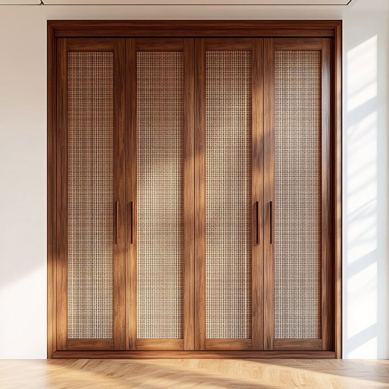4-Door Bohemian Wardrobe Design in Walnut Bronze with Cane Panels