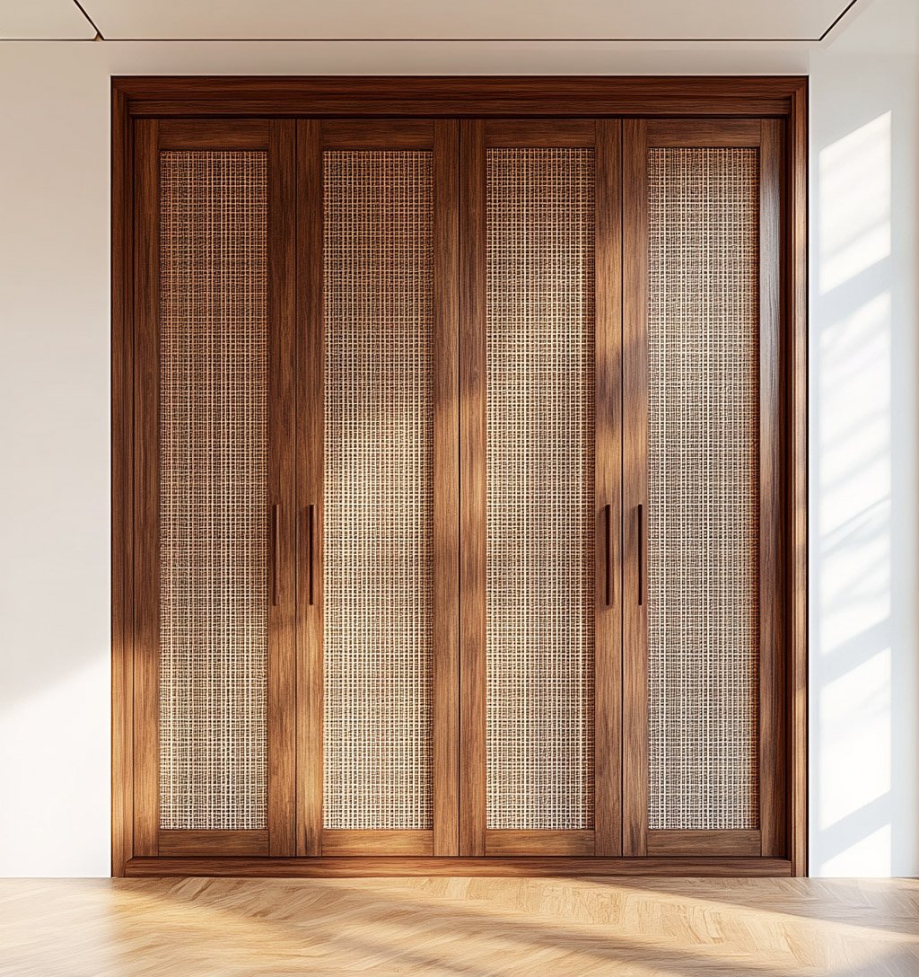4-Door Bohemian Wardrobe Design in Walnut Bronze with Cane Panels