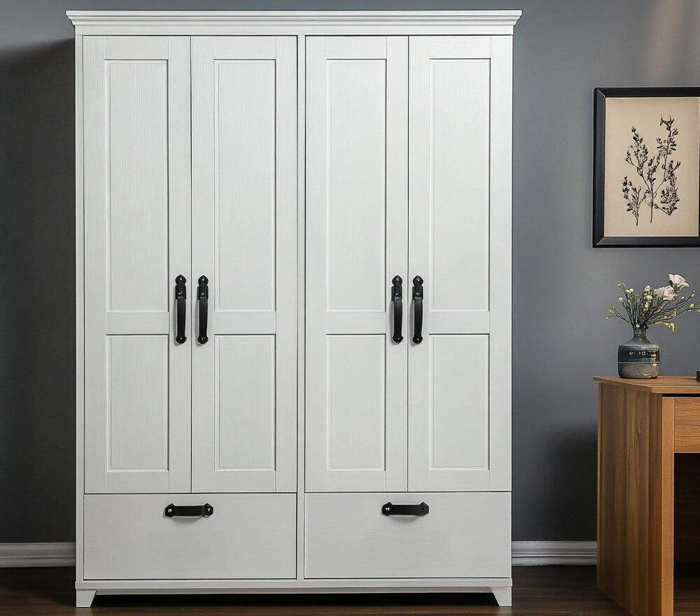 Modern Off White 4-Door Swing Wardrobe Design with Drawers