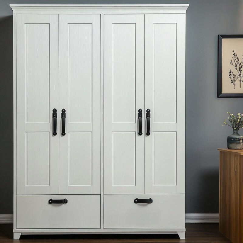 Modern Off White 4-Door Swing Wardrobe Design with Drawers