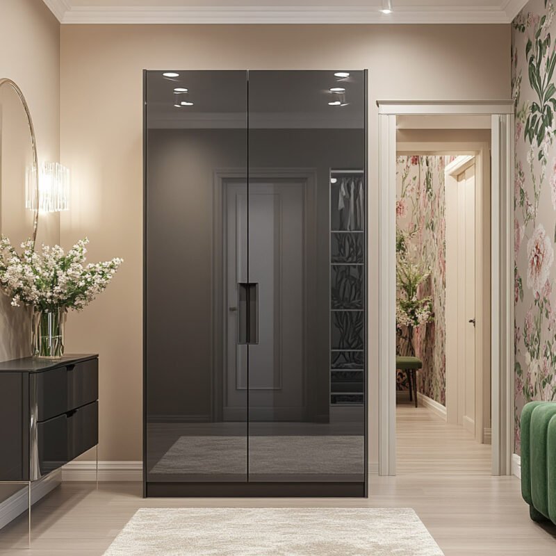 Minimalist 2-Door Wardrobe Design in Slate with High Gloss Doors