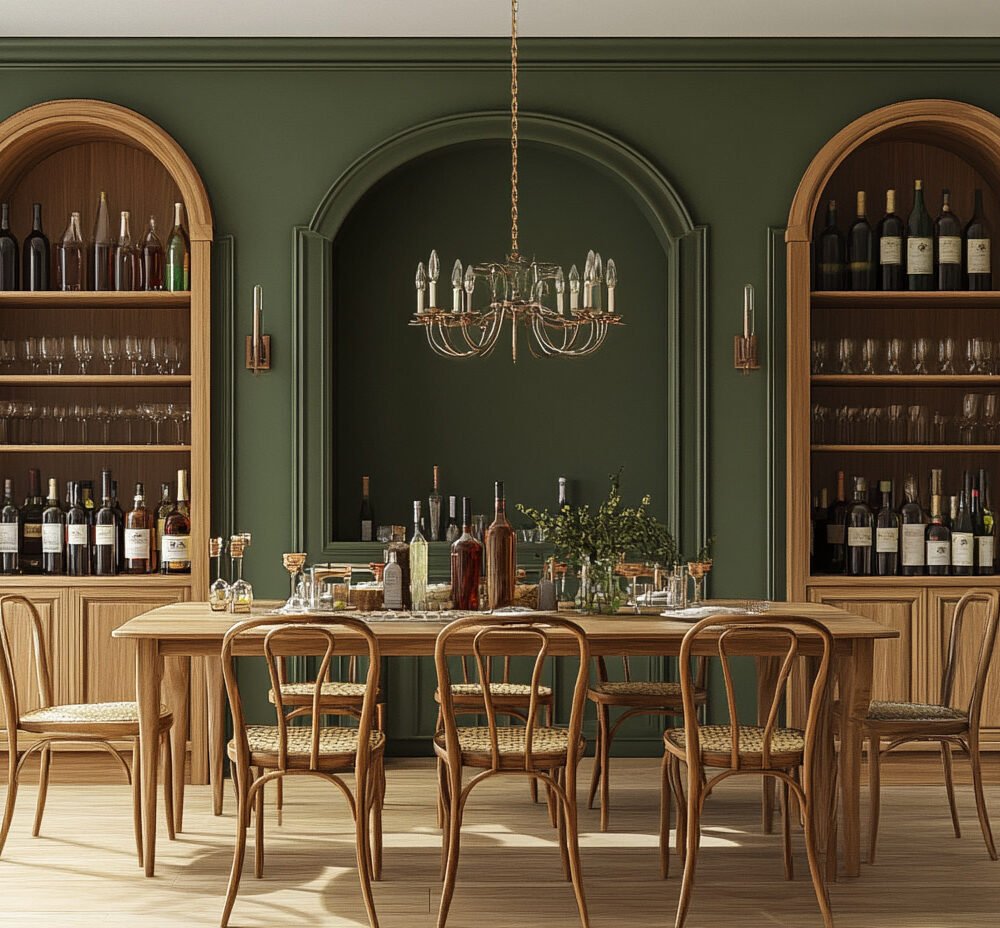Classic Dining Room Design with Wooden Table and Arched Cabinets