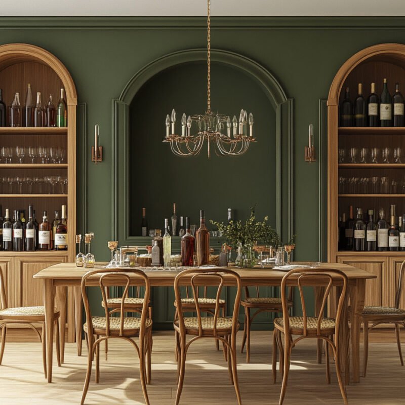 Classic Dining Room Design with Wooden Table and Arched Cabinets
