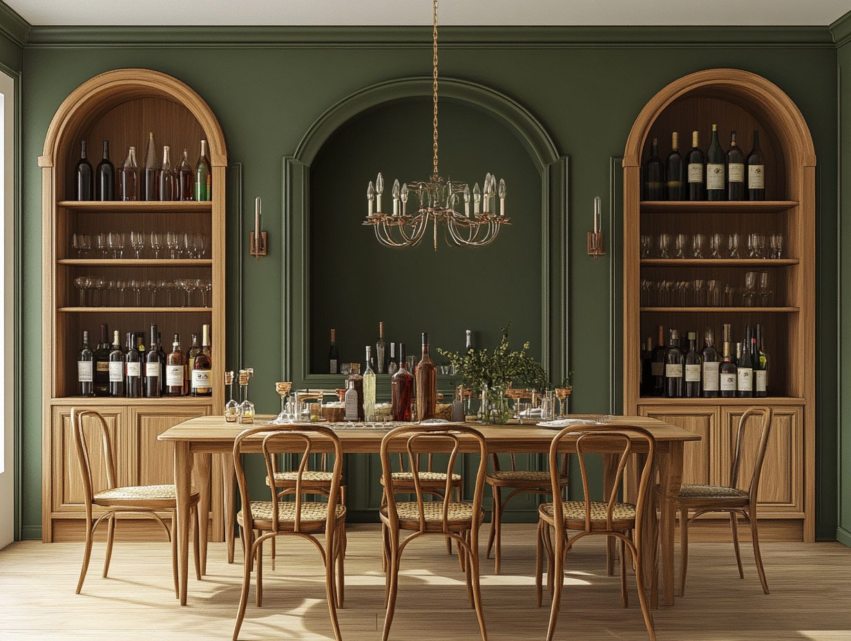 Classic Dining Room Design with Wooden Table and Arched Cabinets