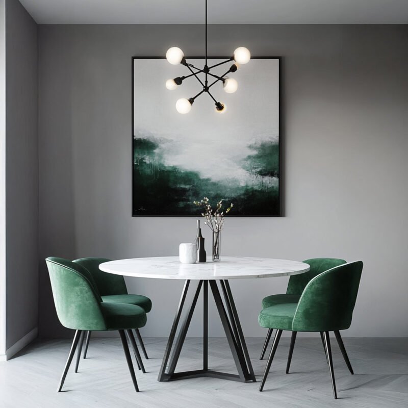 Modern Grey Wall Paint Design with Green Accents and Abstract Art