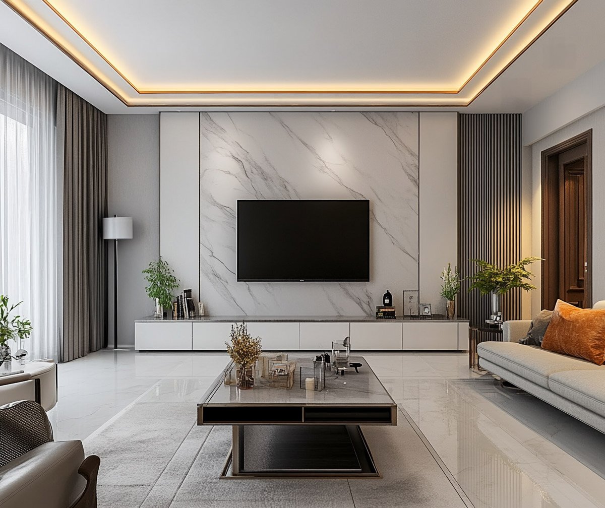 Contemporary White TV Unit Design With Marble Wall and Cabinets