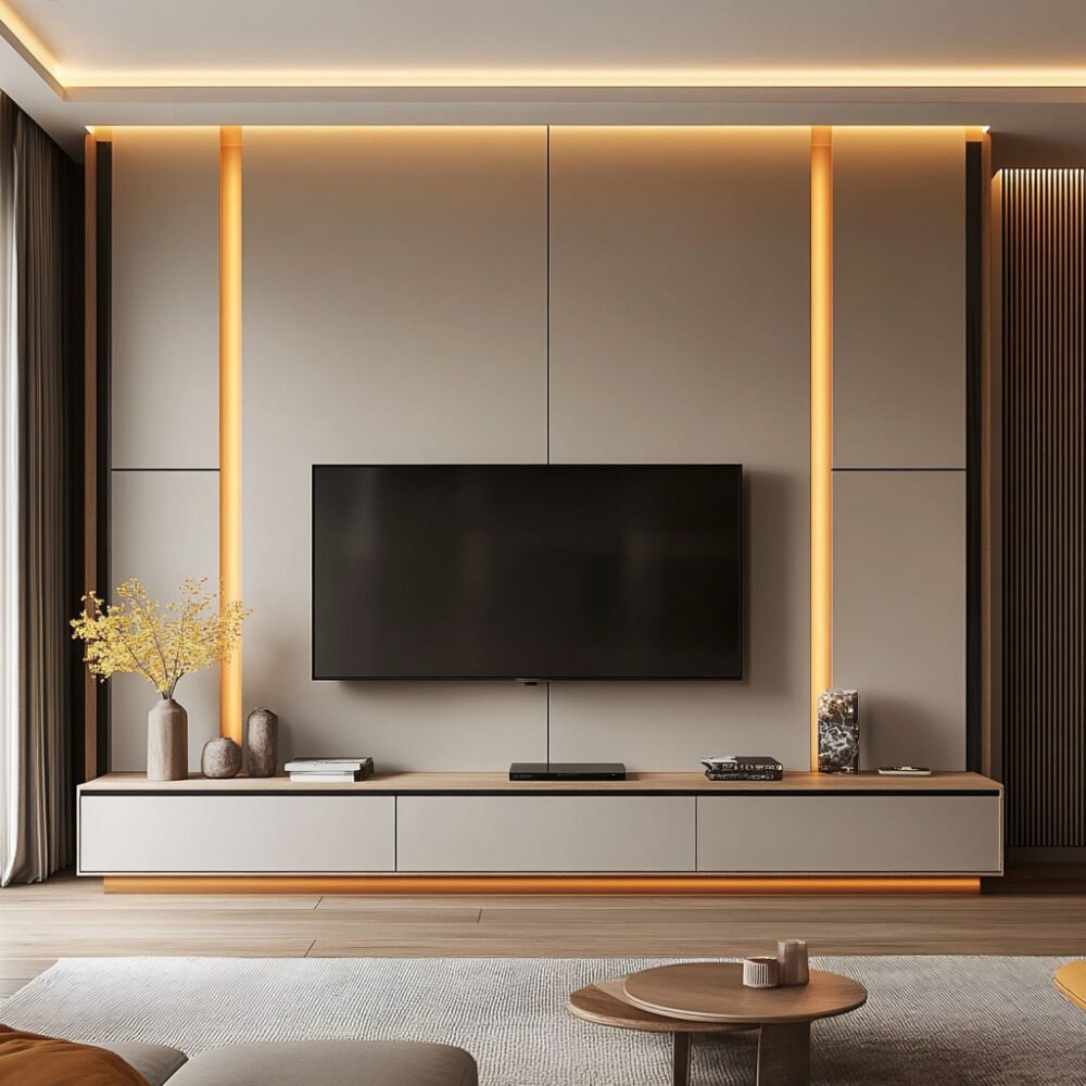 Modern Champagne TV Unit Design with Wood Accents and Drawers