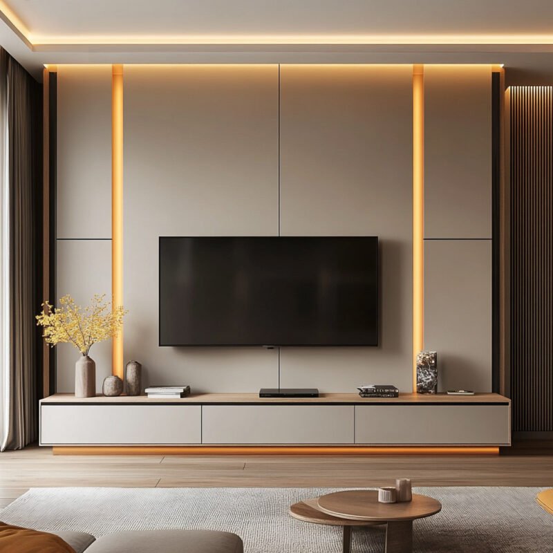 Modern Champagne TV Unit Design with Wood Accents and Drawers