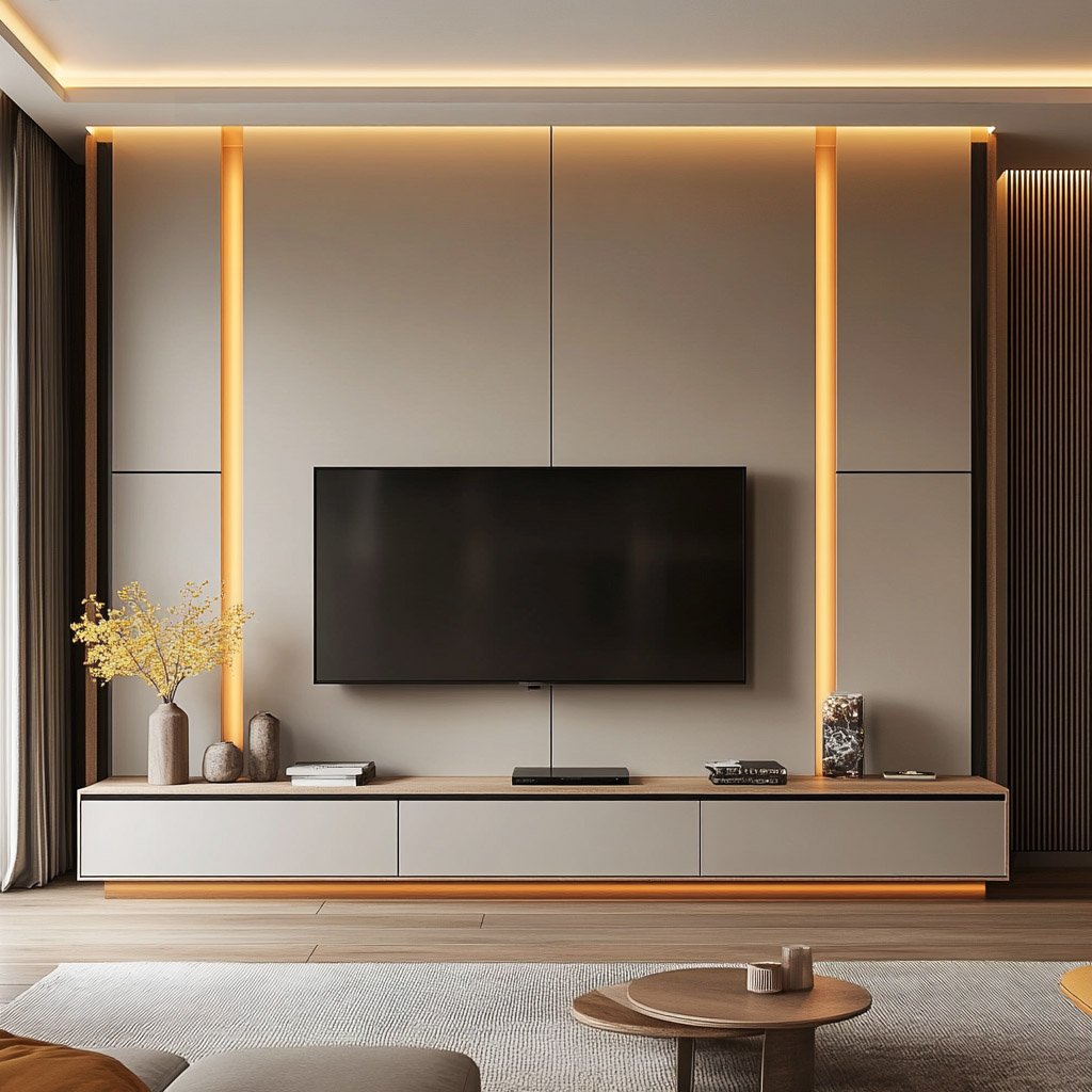 Modern Champagne TV Unit Design with Wood Accents and Drawers