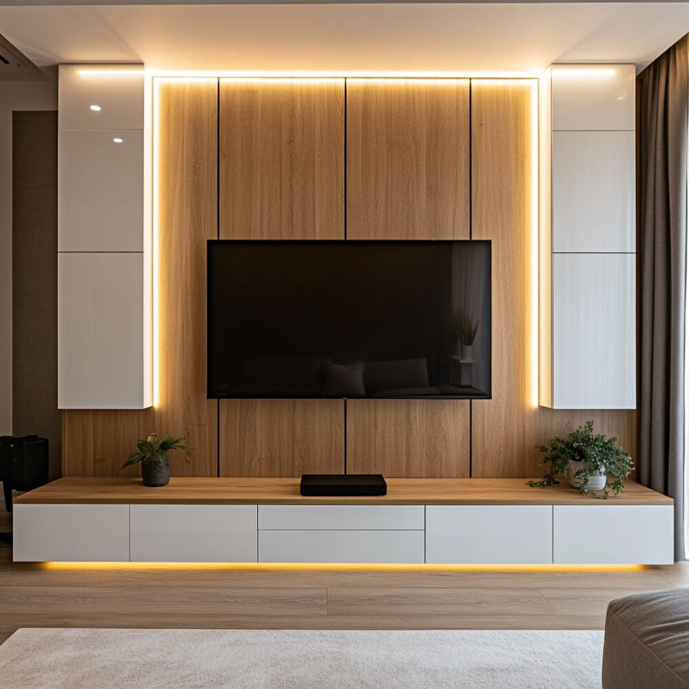 Floor-to-Ceiling Contemporary TV Unit Design in White and Wood Finish