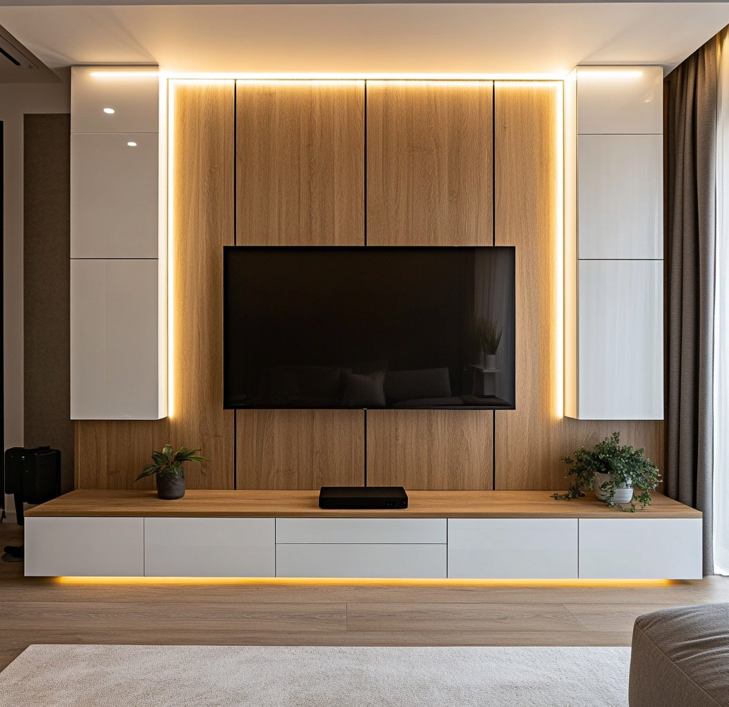Floor-to-Ceiling Contemporary TV Unit Design in White and Wood Finish