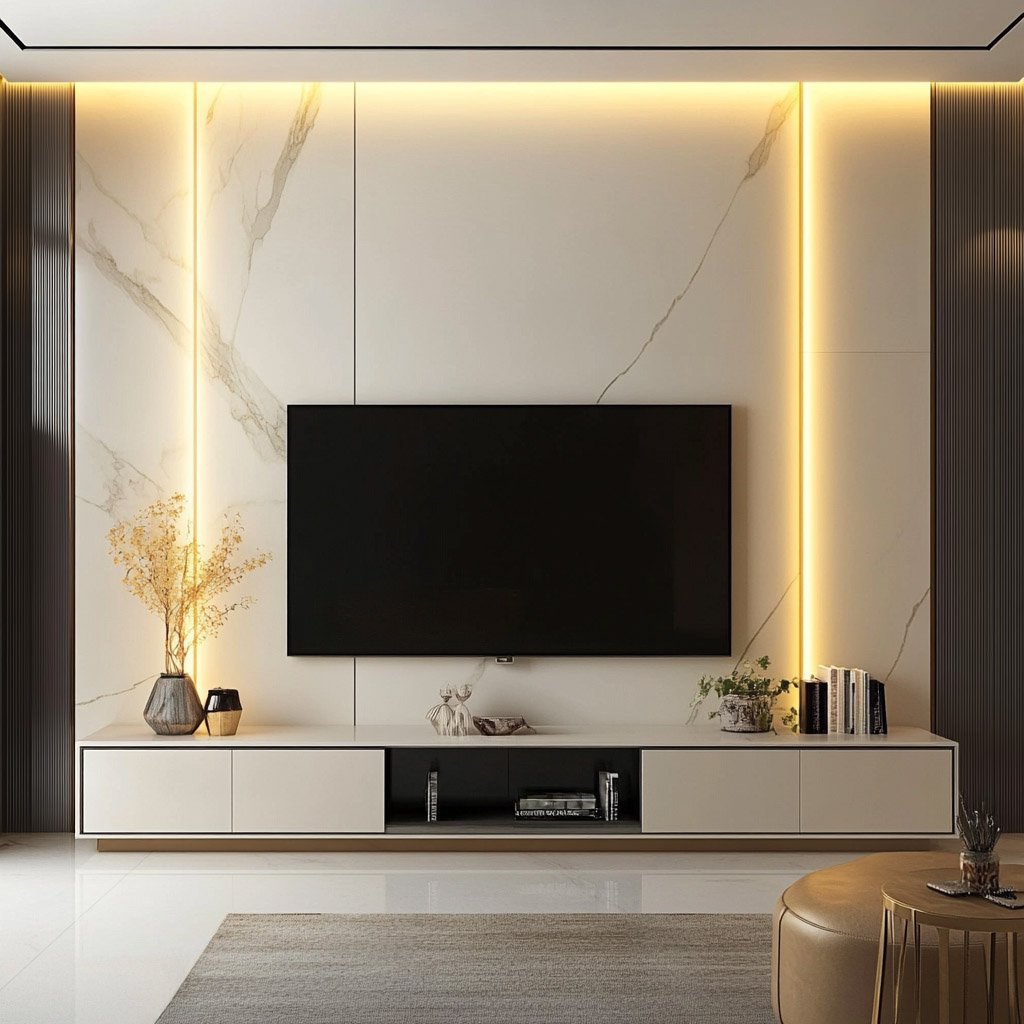 Minimal Champagne TV Unit Design with Open Shelf and LED Lighting