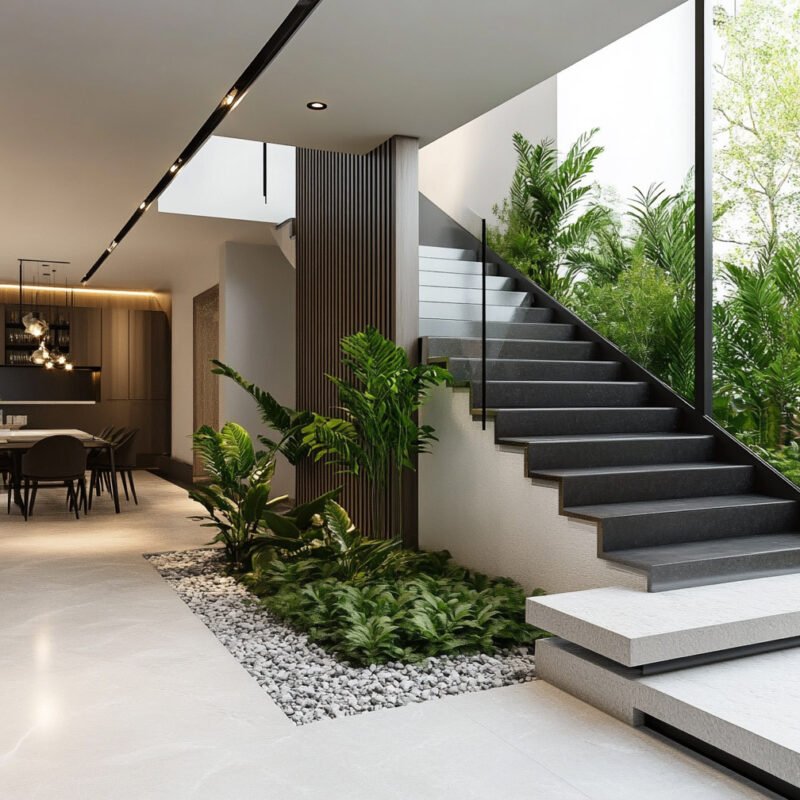 Modern Straight Staircase Design with Granite Steps and Glass Railing