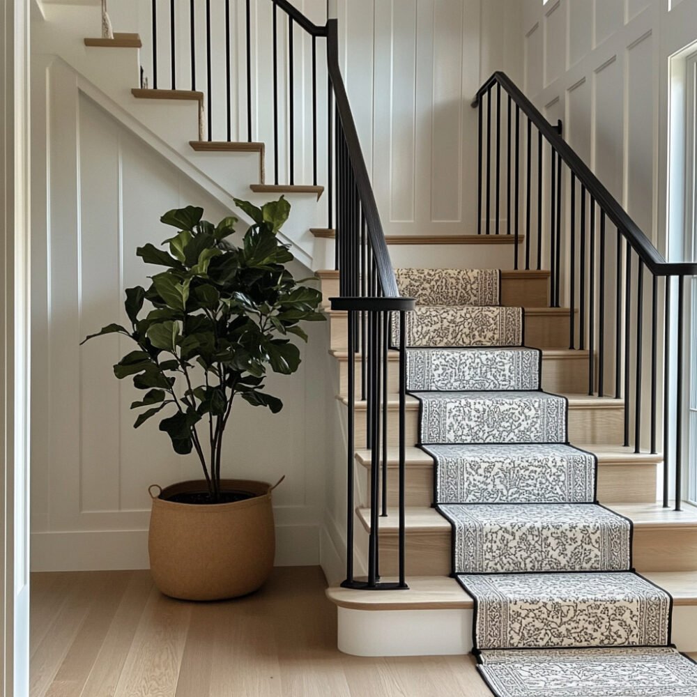 Classic L-Shaped Staircase Design with Wooden Treads and Metal Handrails