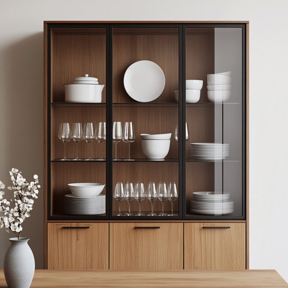 Contemporary Crockery Unit Design in Tiepolo with Glass Shutter and Shelves